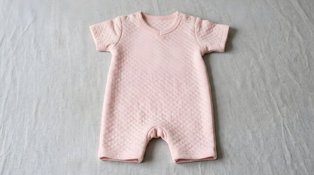 Pastel pink quilted cotton baby romper bodysuit laid flat on a neutral fabric background