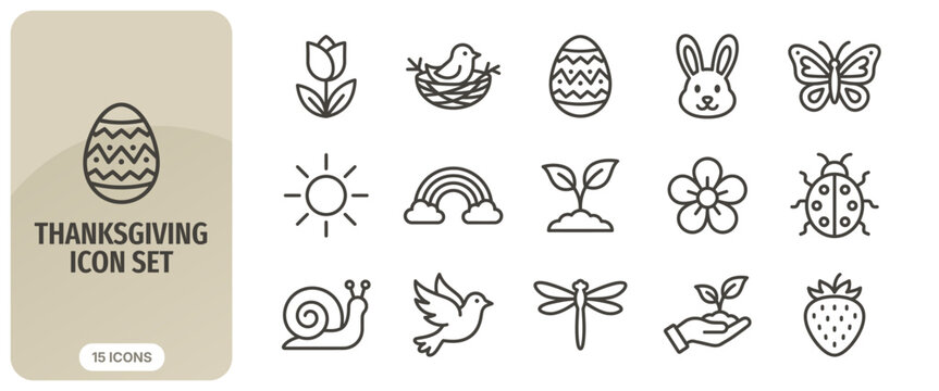 Spring and easter icon set, thin line style, vector illustration of seasonal symbols like rabbit, egg, flower, butterfly, ladybug, and nature elements
