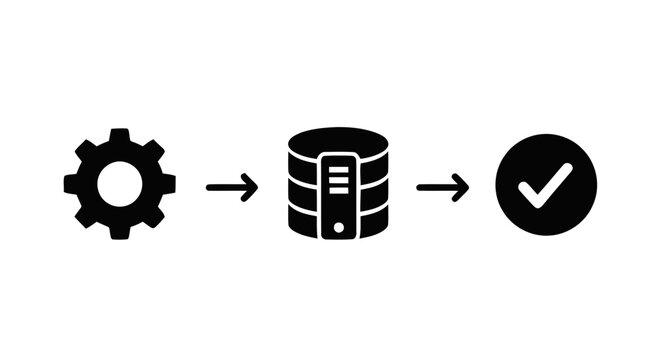 Vector illustration of process icon set showing settings, database storage and completion checkmark on a transparent background