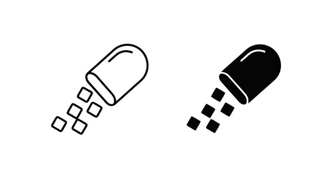 Vector illustration of vector icon of an open medical capsule with small pills spilling out on a transparent background