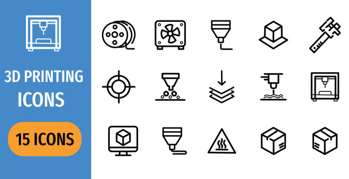 Set of 15 3d printing icons, linear style icons for 3d modeling, additive manufacturing, prototyping, and industrial design, vector illustration vector illustration