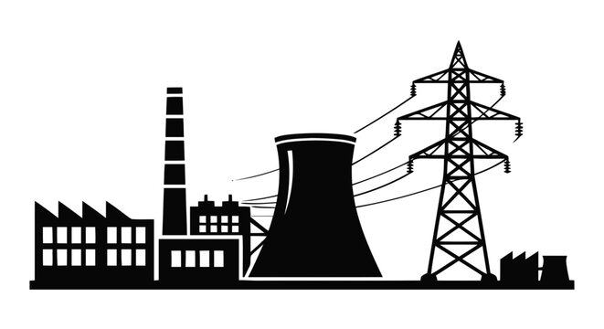 Vector illustration of industrial power plant silhouette with cooling tower and electricity pylon on a transparent background