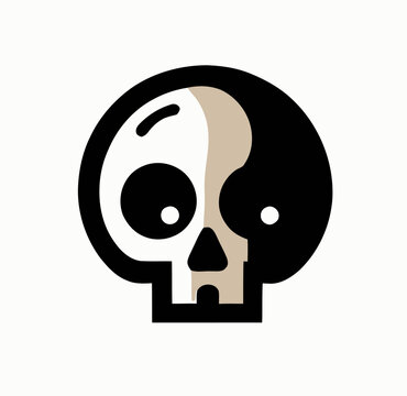 A minimalist graphic design of a skull split into two contrasting halves, one black and one light brown, with simple eye sockets and nasal cavity.