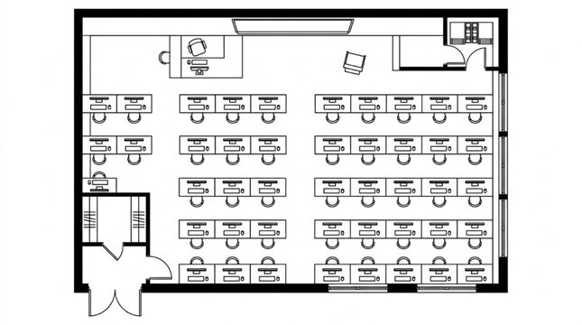 Furnished classroom computer lab floor plan CAD layout with student workstations
