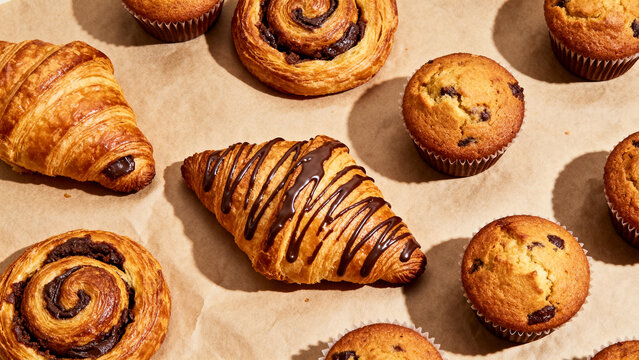 Fresh pain au chocolat danish and muffins in flat lay