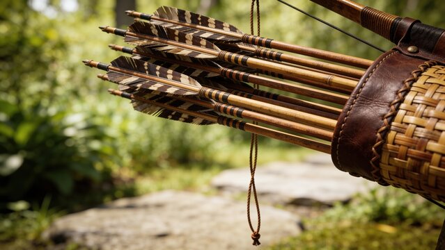A close-up of a quiver filled with wooden arrows. The arrows have fletchings and are set against a blurred natural background of greenery.