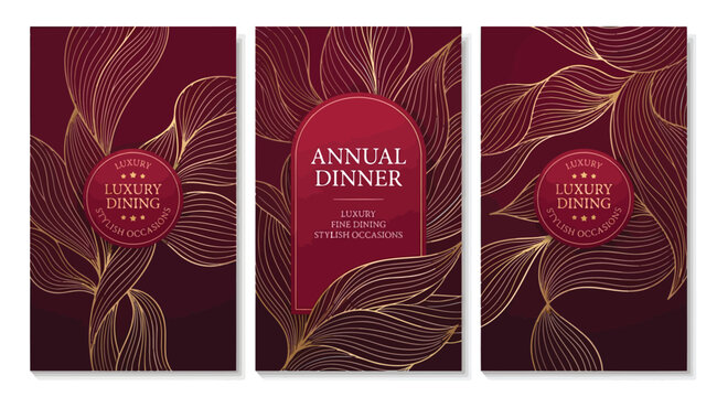 Luxury dinner invitation card templates with golden abstract line art on burgundy background