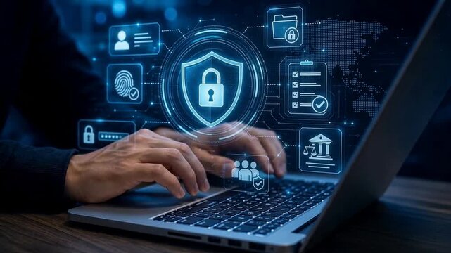 Hands typing on a laptop, representing a digital information protection system concept. This encompasses the security of users' personal information, user identity management, privacy compliance contr