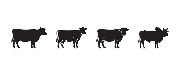 Fototapeta premium Cattle Silhouette Set Cow Dairy Bull Farm Agriculture Livestock Animals Vector