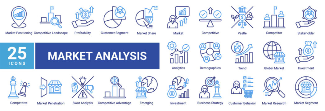Market Analysis icon set featuring market intelligence,customer insights,competitive evaluation,business strategy,investment planning,and growth opportunity assessment.