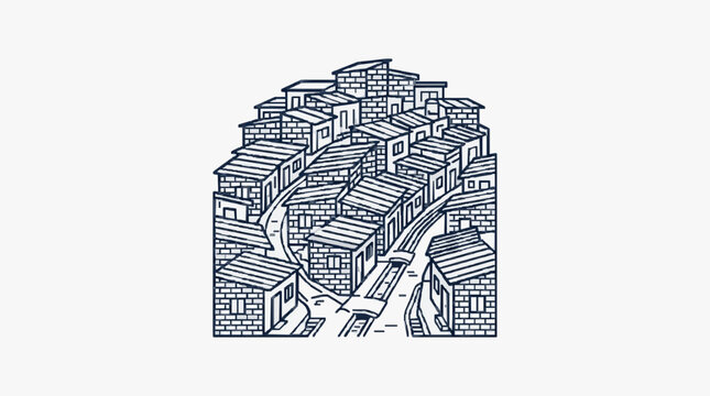 Detailed black and white cityscape architectural illustration.
