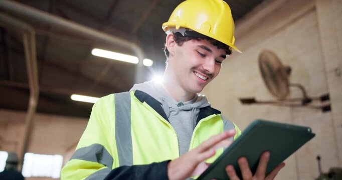 Architect, scroll and happy man with tablet on construction site, inspection or property management. Building, flare and person with tech for renovation update, smile and quality control on website