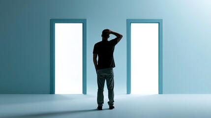 Fototapeta premium Back view full shot of confused male standing between two identical light blue trimmed open doorways, hand on head thinking, light blue wall plain grey floor, balanced minimalist composition