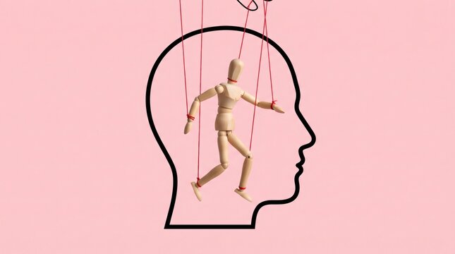 Puppet figure inside a human head silhouette controlled by strings, symbolizing manipulation and control.