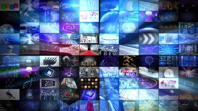 Streaming Media Wall Content Playing Video Content with Light Rays - 3d 4k animation (3840 x 2160 px)