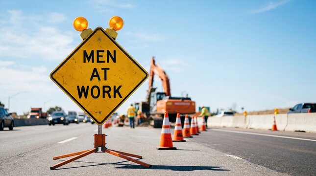 Construction site with a warning sign indicating 'Men at Work'. Heavy machinery is visible in the background. Clear blue sky above.