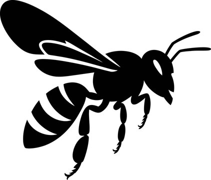Black silhouette of a flying bee with striped abdomen and large wings in motion