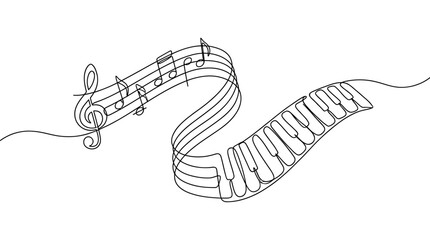 Continuous Line Art of Piano Keys and Musical Notes Flowing Together © warjok