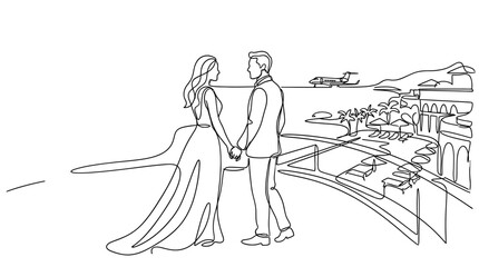 Obraz premium Couple holding hands, wedding dress, suit, seaside view, airplane, luxury travel, sketch