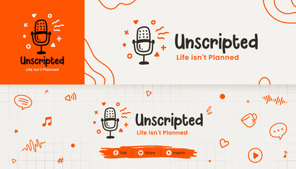 Naklejka premium Hand Drawn Podcast Microphone radio Logo design with Orange Doodle Elements