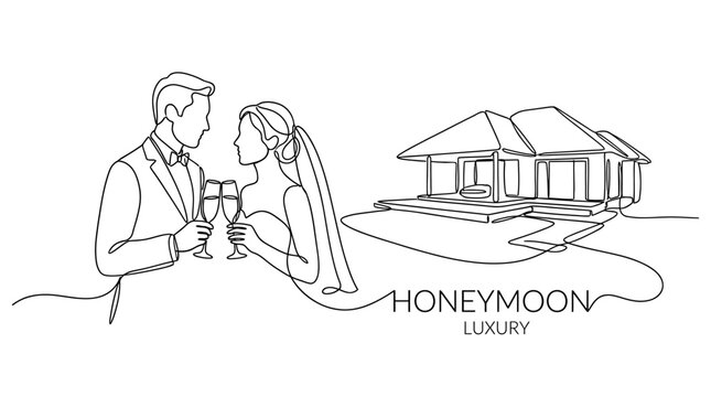 Luxury Honeymoon Villa: Bride and Groom Toasting with Champagne, Minimalist Line Art