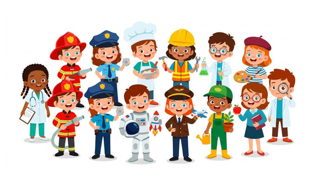 Happy Kids Playing Different Professional Roles Cartoon Vector Illustration