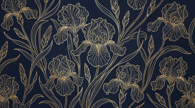 Seamless pattern with golden irises on a dark blue background