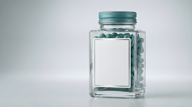Blank Label Square Glass Jar Filled With Teal Pills For Pharmaceutical Supplement Packaging Mockup
