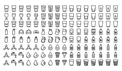 Fototapeta premium Water Glass Thin Line Icon Set with Drinkware Hydration and Beverage Vector Collection
