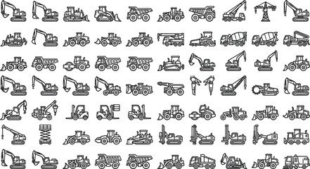 Construction vehicle linear icons collection with excavators scissor lifts bulldozers wheel loaders and commercial building transport outlines © MD