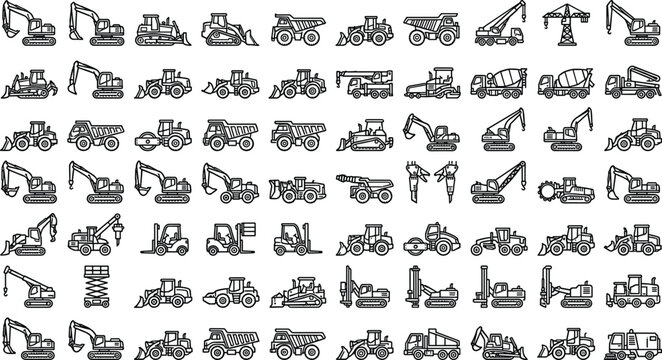 Construction vehicle linear icons collection with excavators scissor lifts bulldozers wheel loaders and commercial building transport outlines