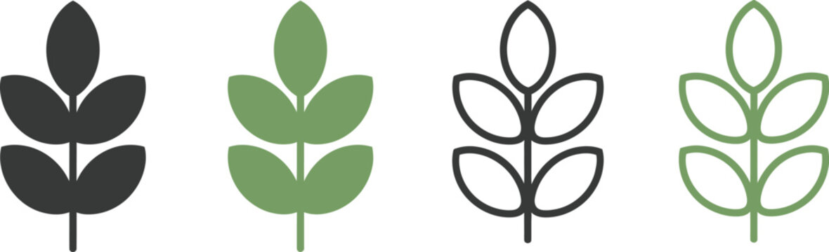 High fiber icon set, plant leaf symbols representing digestive health, dietary fiber nutrition, eco food packaging, wellness certification badges labels.