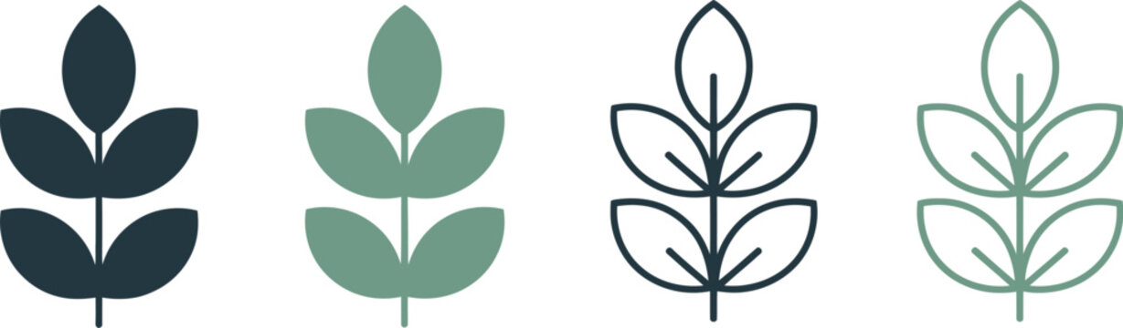 High fiber icon set, plant leaf and wave symbols for digestion wellness, dietary nutrition, food packaging, health labeling, organic products.