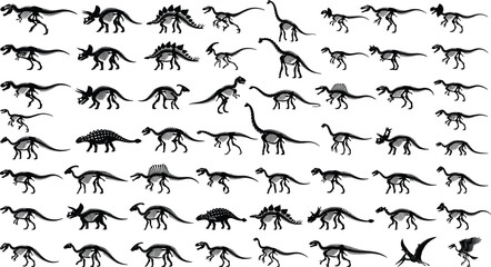 Dinosaur Skeleton Silhouette Vector Set with Prehistoric Fossil Bones Collection © MD