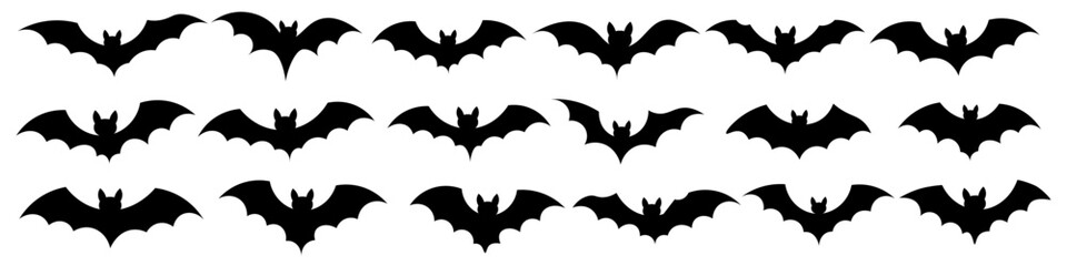 Fototapeta premium Horizontal Border of Flying Halloween Bats Isolated on White Background. Decorative Black Silhouettes for Greeting Cards, Social Media and Seasonal Banners.