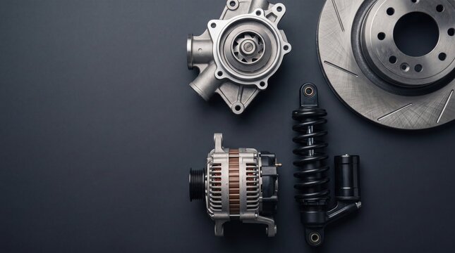 Close-up of automotive parts including a water pump, alternator, brake disc, and shock absorber on a dark surface.