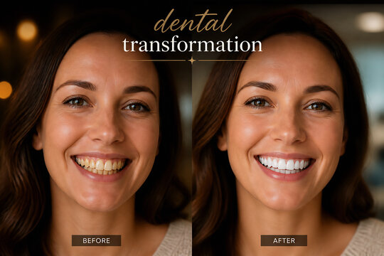 Two women smiling side-by-side, one labeled before and one after a dental transformation.