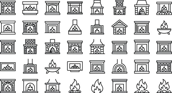 Home fireplace linear icons collection with wood burning stoves flame symbols and classic chimney design outline vectors