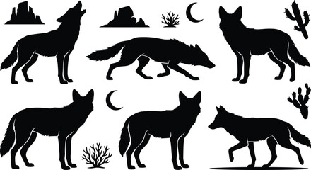 Coyote and Wolf Silhouette Icon Set Featuring Howling, Prowling, and Standing Wild Canines with Desert Mountain and Cactus Elements © Maslima