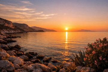 Obraz premium Scenic Mediterranean coastline at sunset with calm sea, rocky shore, and warm golden light creating a peaceful summer travel landscape.