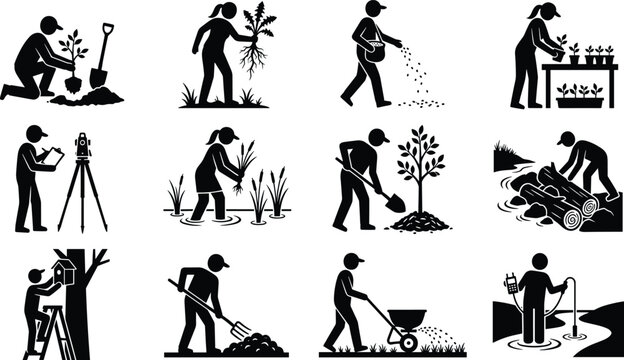 Environmental conservation silhouettes showing planting, surveying, composting, water testing, and ecological fieldwork activities