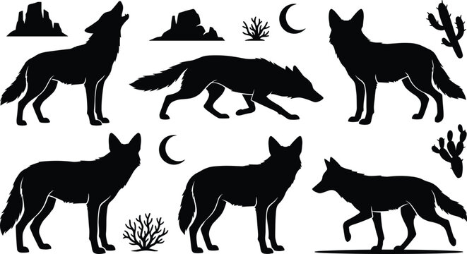 Coyote and Wolf Silhouette Icon Set Featuring Howling, Prowling, and Standing Wild Canines with Desert Mountain and Cactus Elements