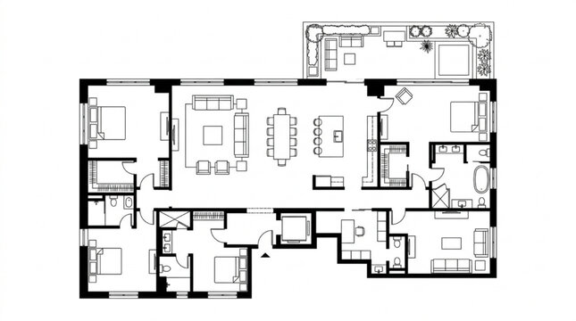 Large apartment floor plan CAD drawing with private terrace garden four bedrooms and multiple bathrooms
