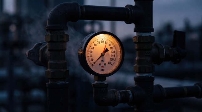 A close-up of a pressure gauge attached to industrial pipes. The gauge displays pressure readings with a glowing background, set in a dark environment.