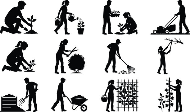 Gardening silhouettes showing planting, watering, mowing, pruning, composting, harvesting, and outdoor plant care activities