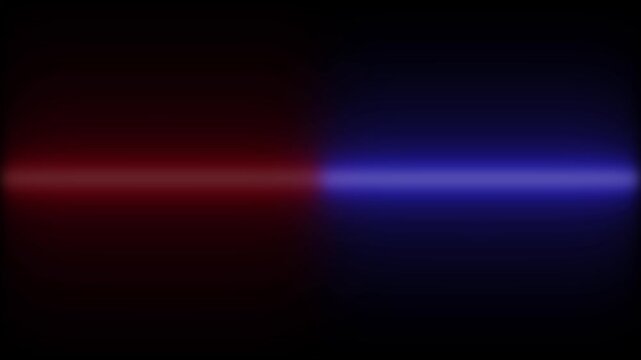 Flashing emergency vehicle lights at night with red and blue police siren. Glowing neon strobe lights animate in darkness with lens flare effect. Defocused emergency flashing lights loop.