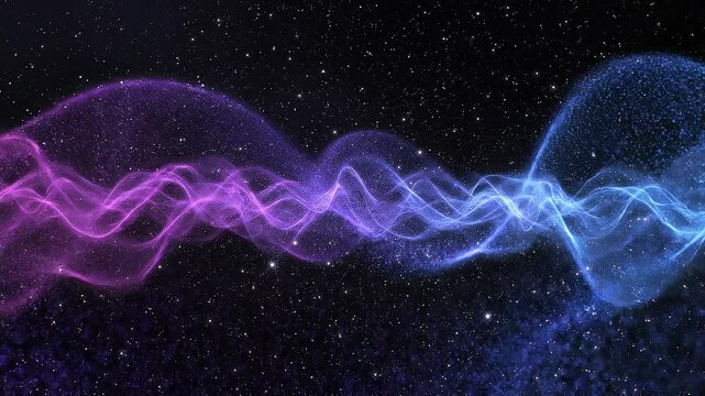 Vibrant purple and blue cosmic wave in starry night sky with glowing particles