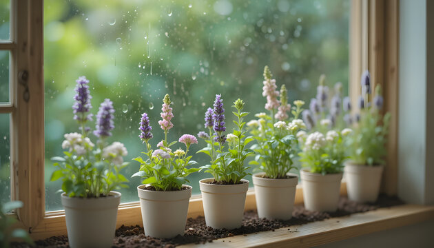 Window Ledge Herb Garden With Lavender Lemon Balm Landscape Image