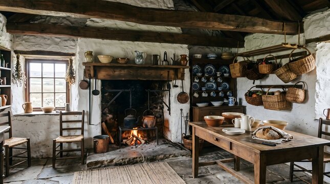 Traditional Rustic Stone Cottage Kitchen Interior with Warm Hearth Fireplace
