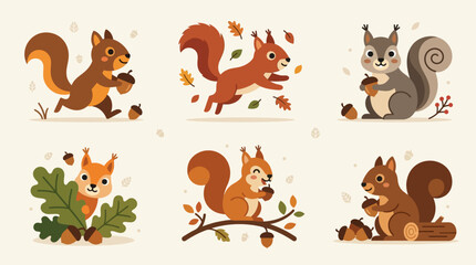 Obraz premium Flat Squirrel Designs Vector Set with 6 Adorable Cartoon Poses: Running, Jumping, Sitting, Hiding, Eating, and Gathering Acorns for Autumn Stickers and Woodland Forest Theme